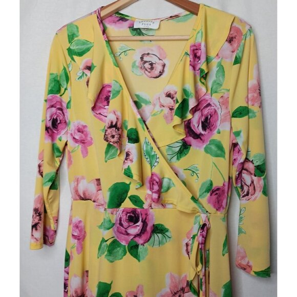 Janette Plus USA XL Dress Yellow Pink Floral Stretch Faux Wrap Midi Ruffle - Picture 4 of 8